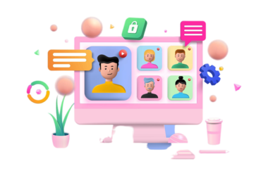 online meeting virtual conference video call briefing teamwork concept with 3d shapes chat box cog infographic blue background 3d vector illustration 19